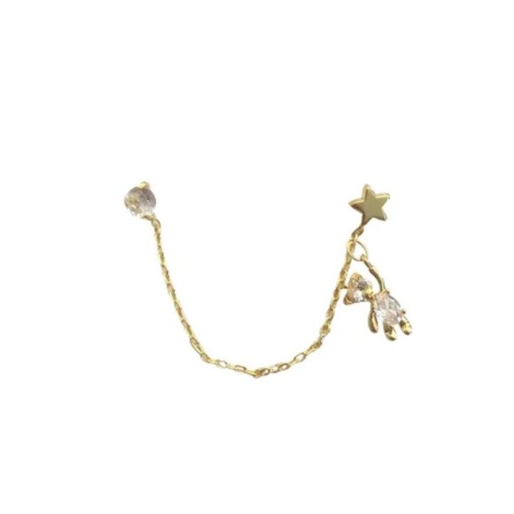 Double Lobe Piercing Linked Teddy Bear Star Gold Earrings - Picture 3 of 3